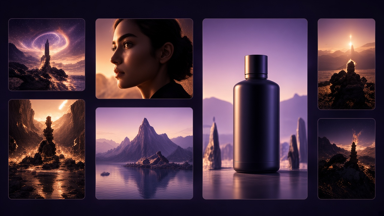 Collage of brand product and portrait stills in violet and gold light.