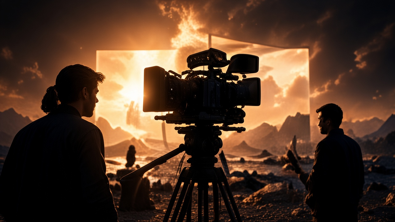 Film crew operating a cinema camera toward a glowing landscape.