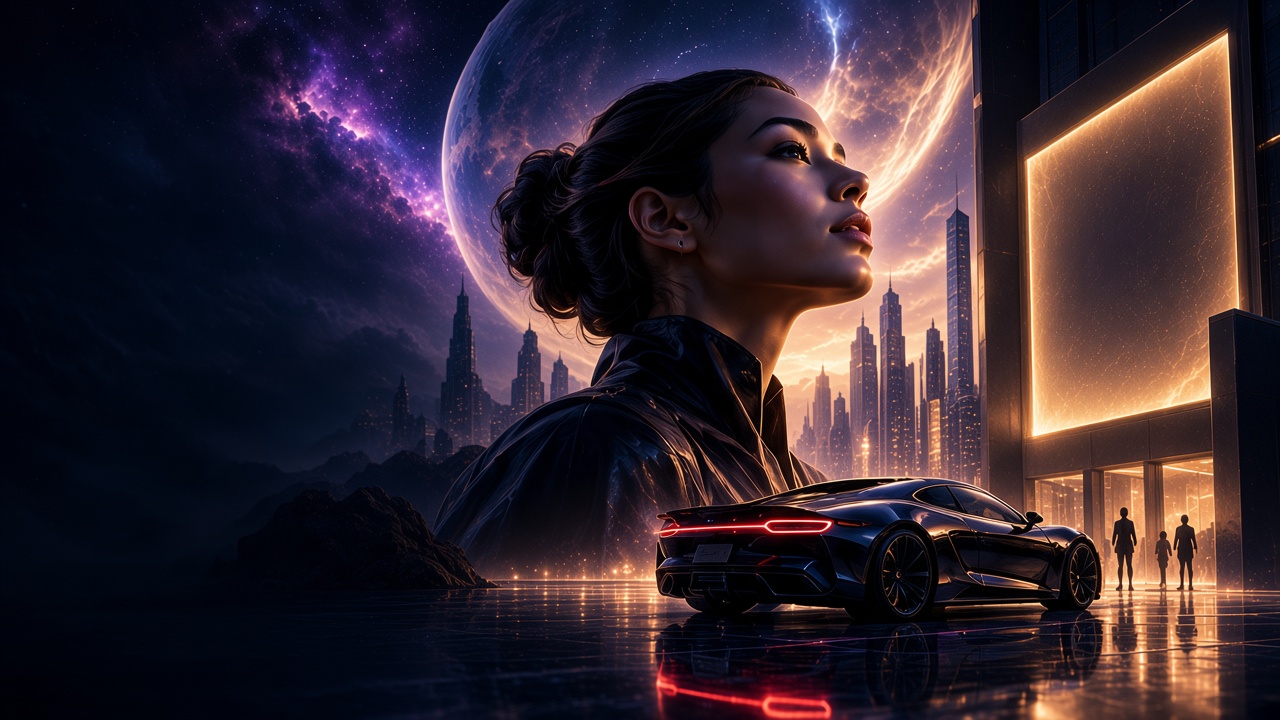 A woman in profile before a glowing golden portal and futuristic city, with a black sports car in the foreground.