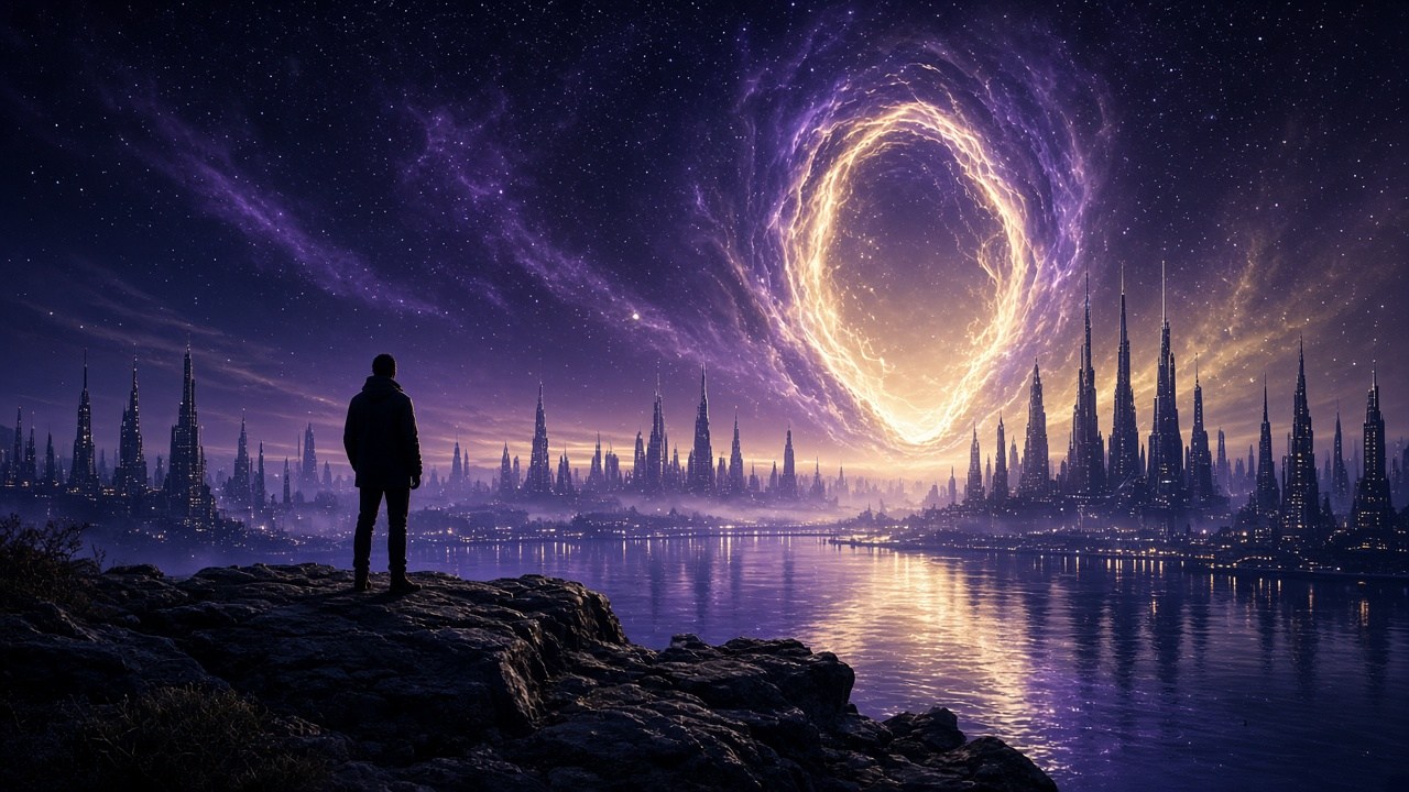 A lone figure before a luminous violet and gold portal opening onto a futuristic skyline.
