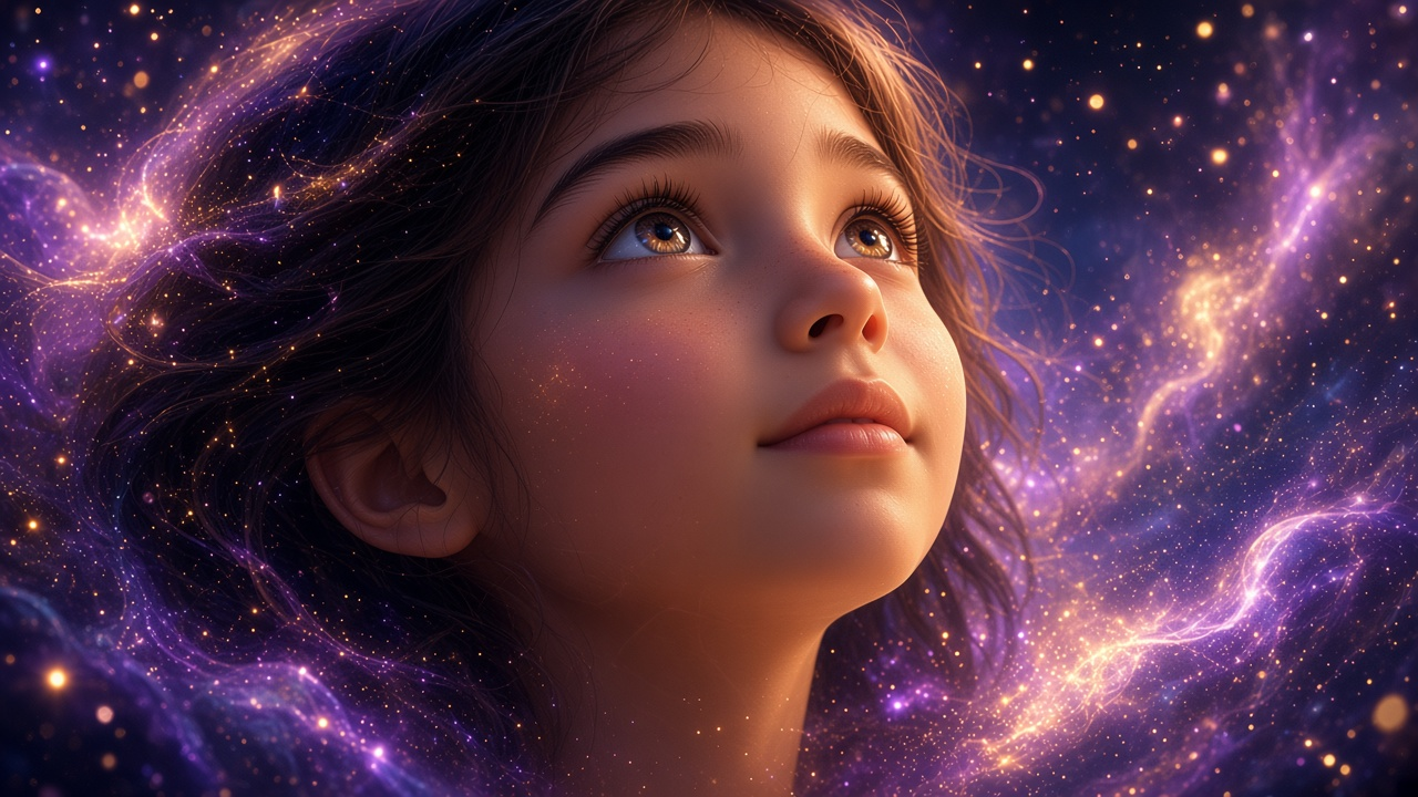 Child looking upward through glowing purple and gold sparkles.