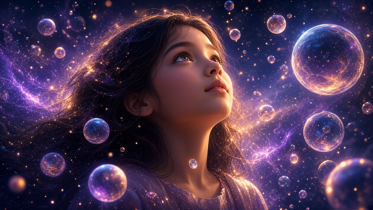 Child looking up at glowing magical learning imagery in the night sky.
