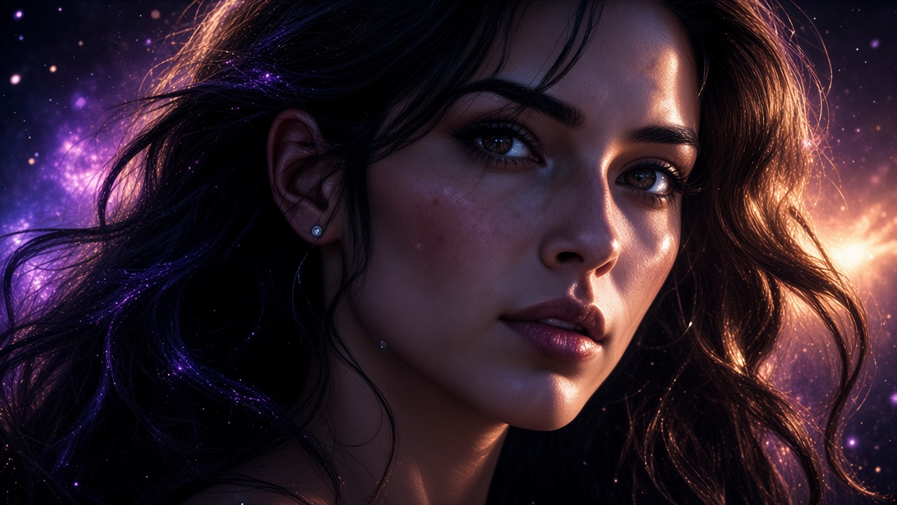 Close portrait of a woman lit by gold and violet cosmic light.