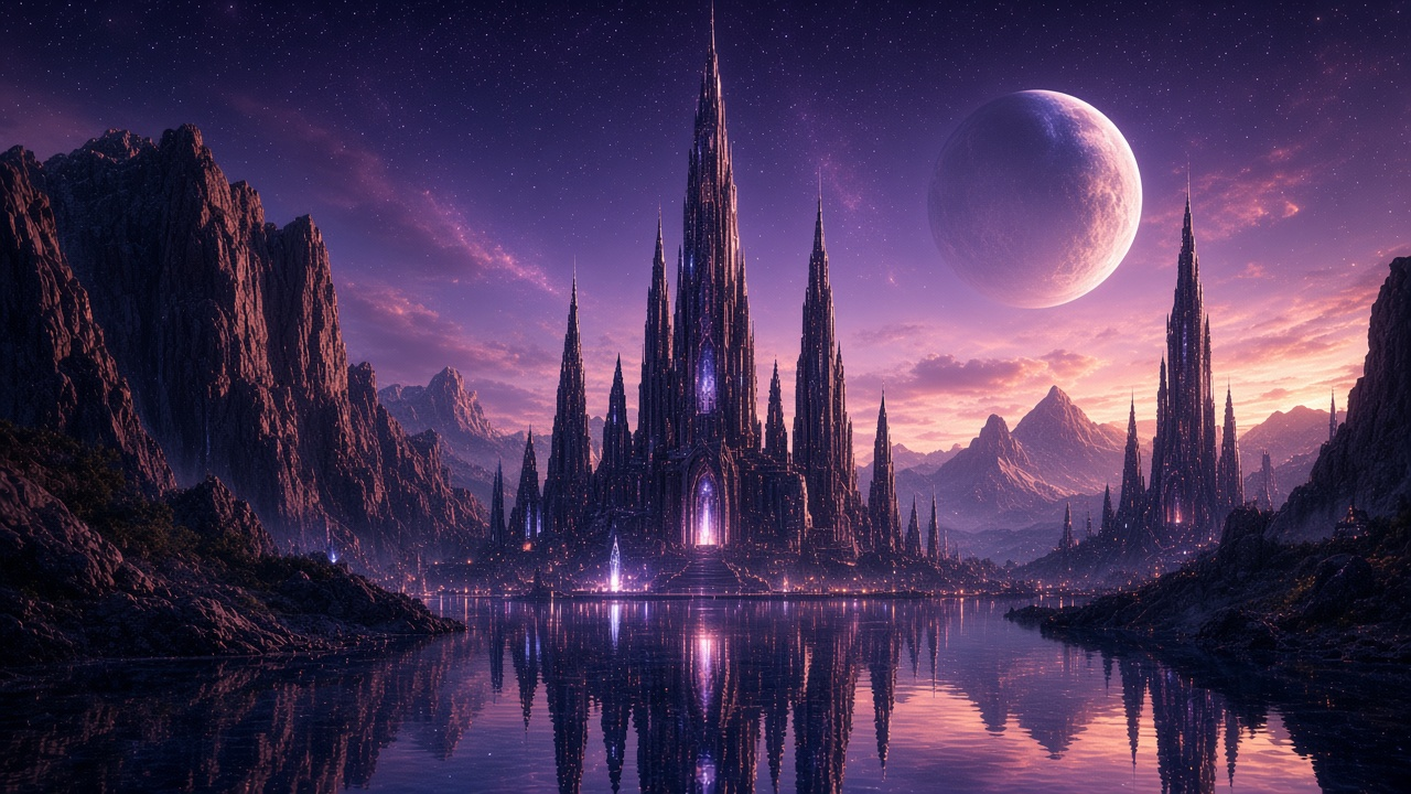 Crystal towers beside water under a violet sky and pale moon.