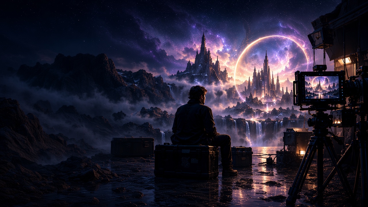 A filmmaker sits among camera cases facing a golden portal and fantasy castle, with a cinema camera framed on the right.
