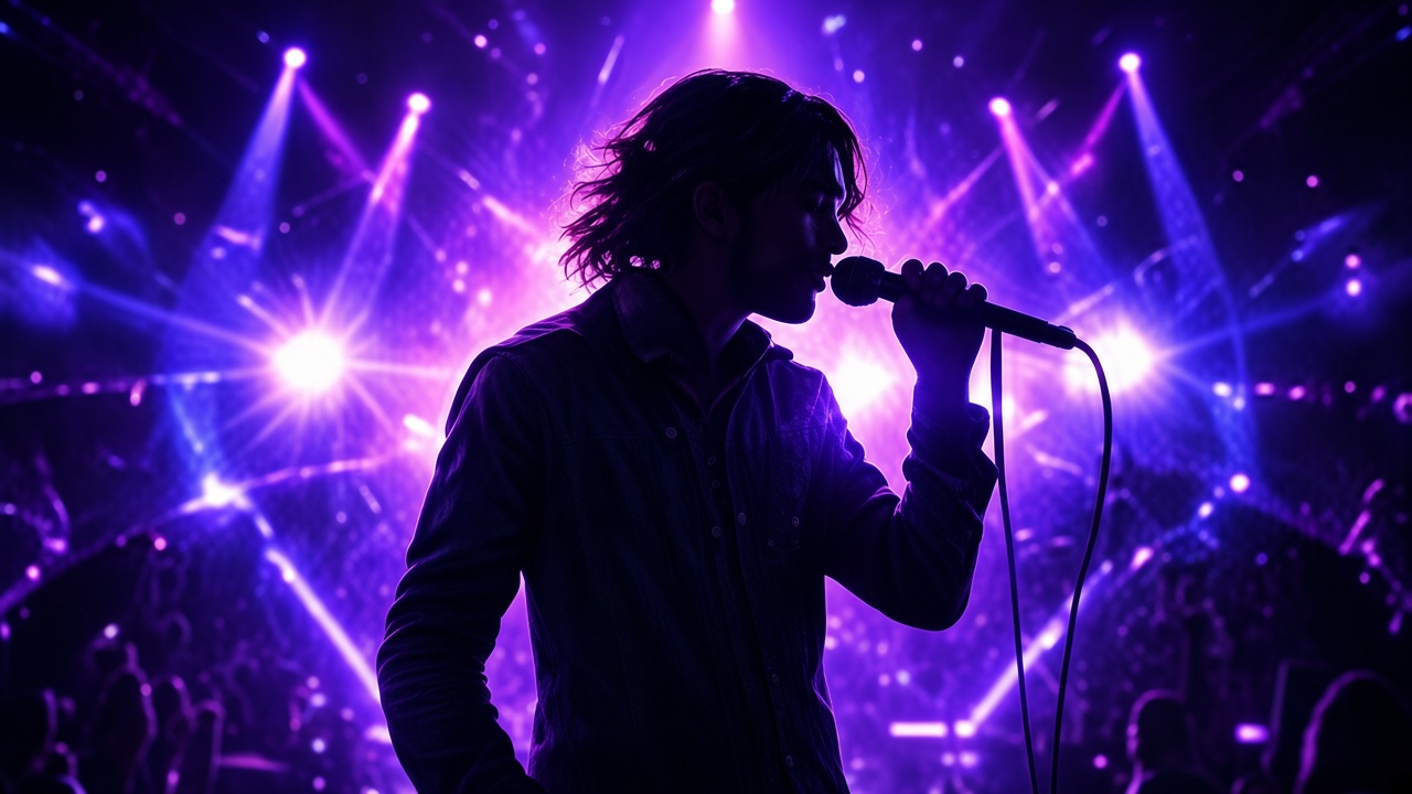 Performer in violet stage light with luminous particles.