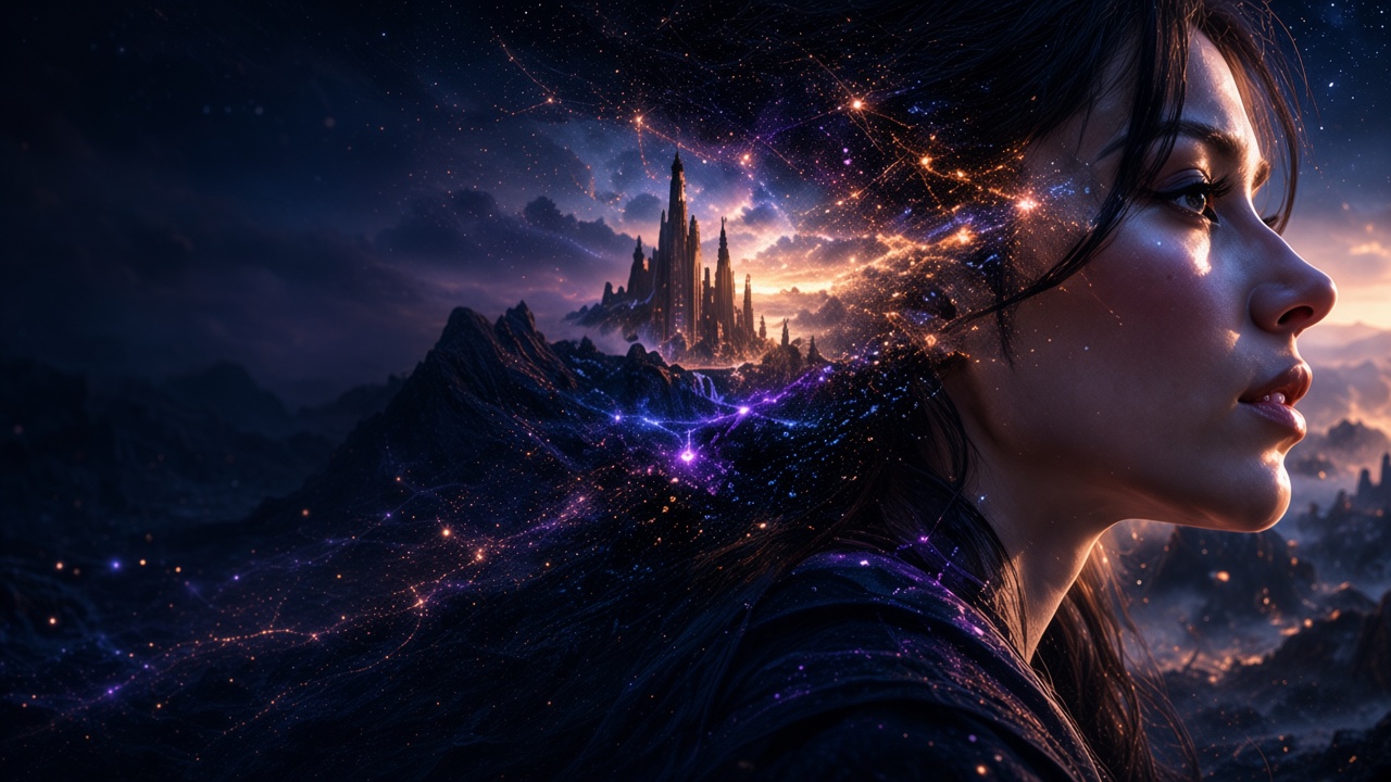 A woman's profile dissolving into gold and violet light beside a mountain castle at dusk.