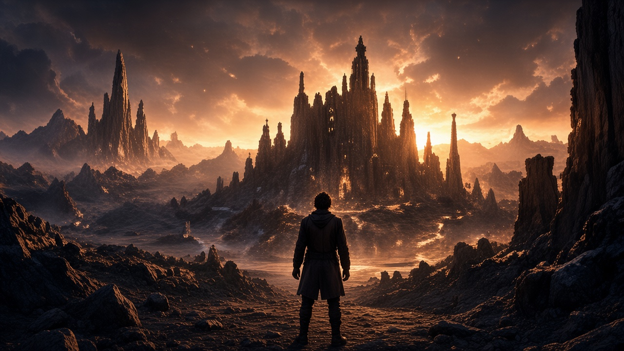 Silhouetted figures overlooking a sunlit fantasy city of towering spires.