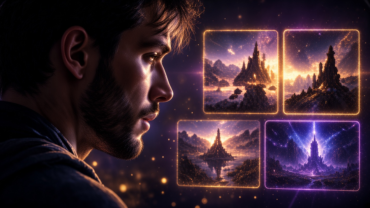 Bearded man in profile reviewing floating cinematic scene thumbnails.