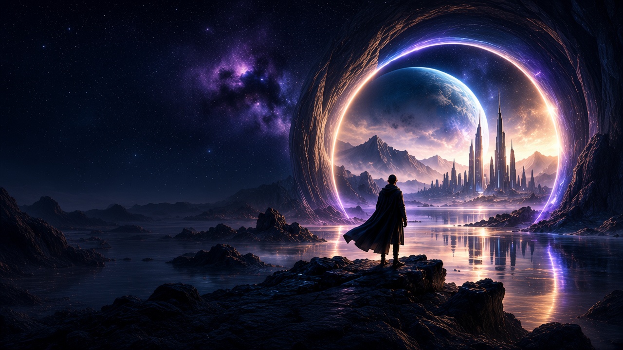 A lone figure in a long coat stands before a gold and violet portal opening onto a radiant city and planet.