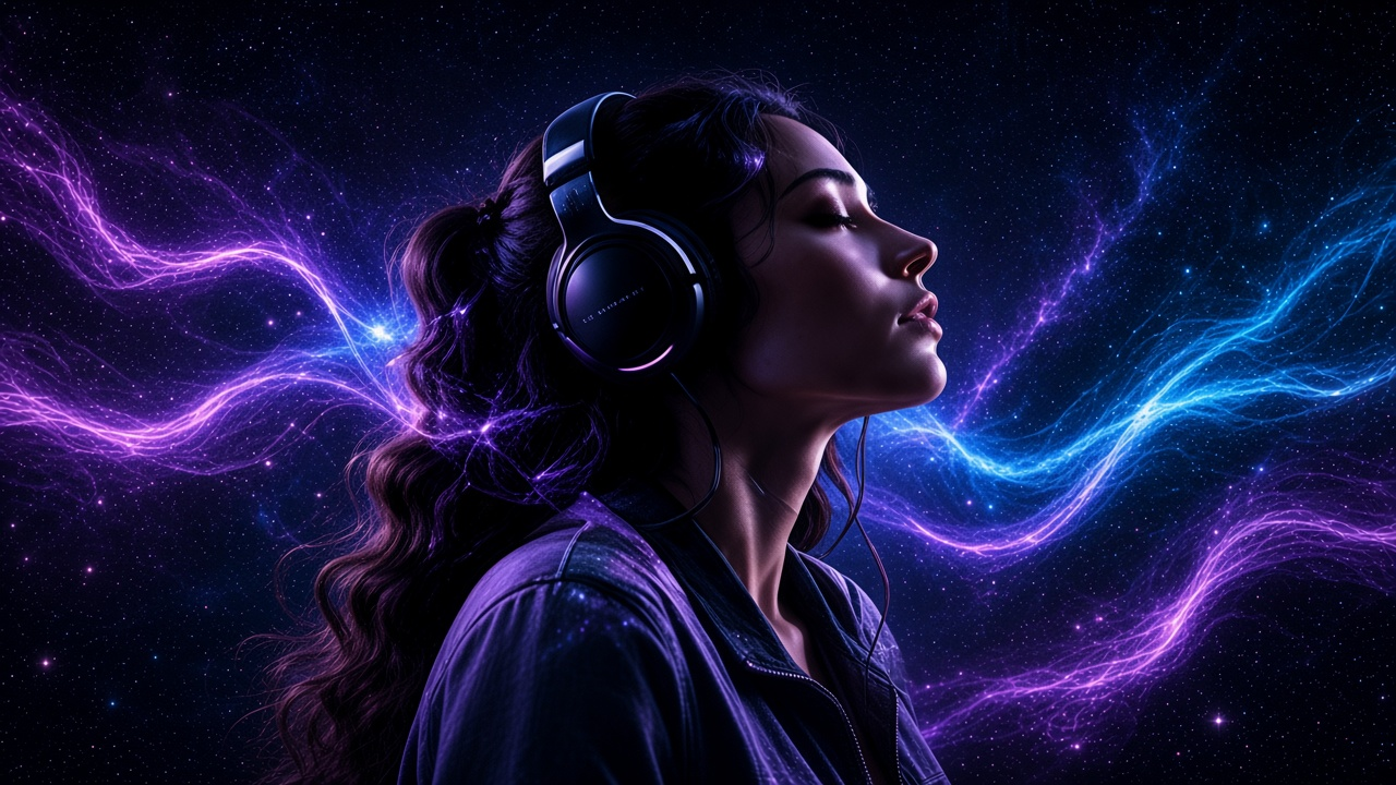 Woman in profile wearing headphones, wrapped in violet and cyan light.