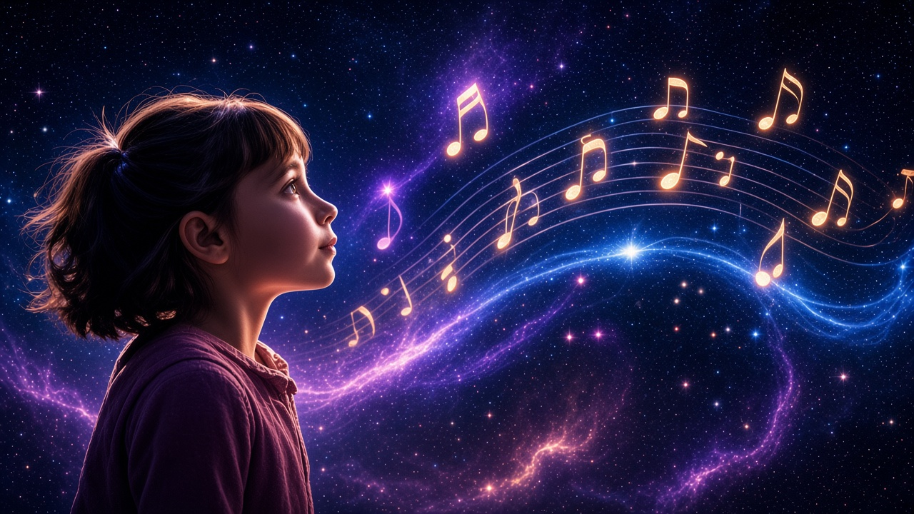 Child looking up at a glowing trail of golden musical notes in a starry sky.