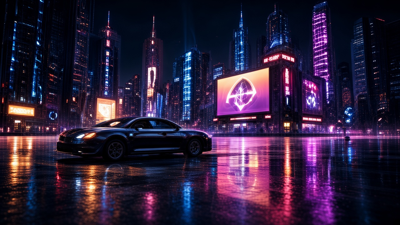 Neon city street and dark car reflecting campaign lights at night.