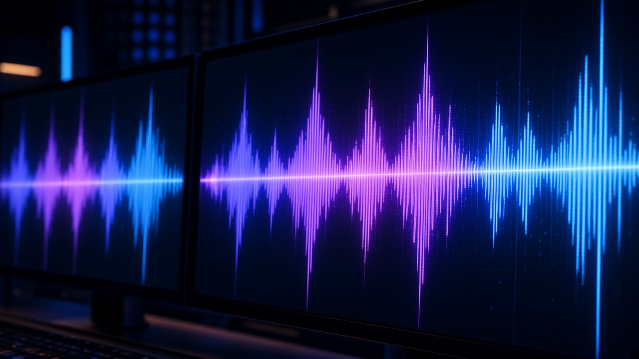 Studio monitors showing glowing blue audio waveforms.