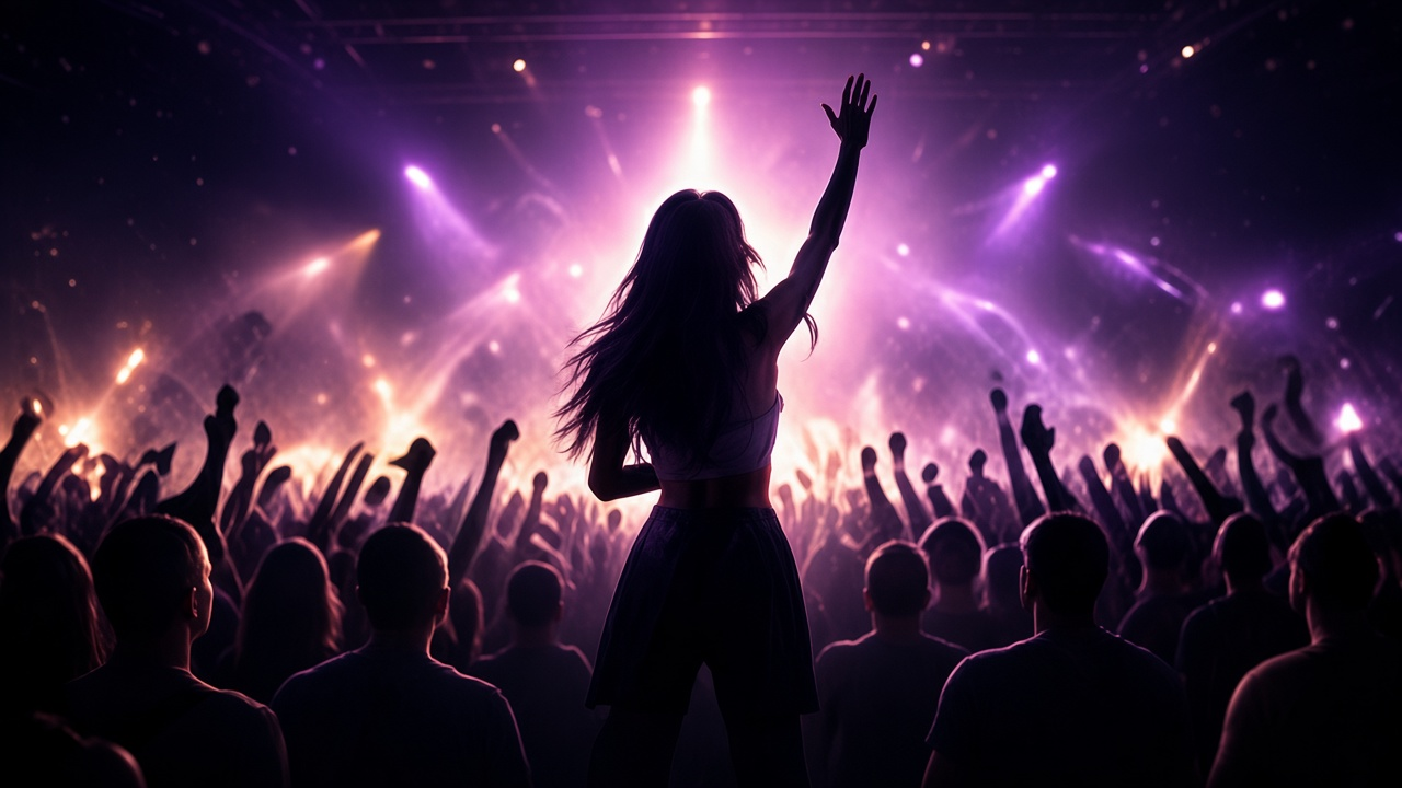 Performer silhouette on a purple concert stage with raised hands in the crowd.