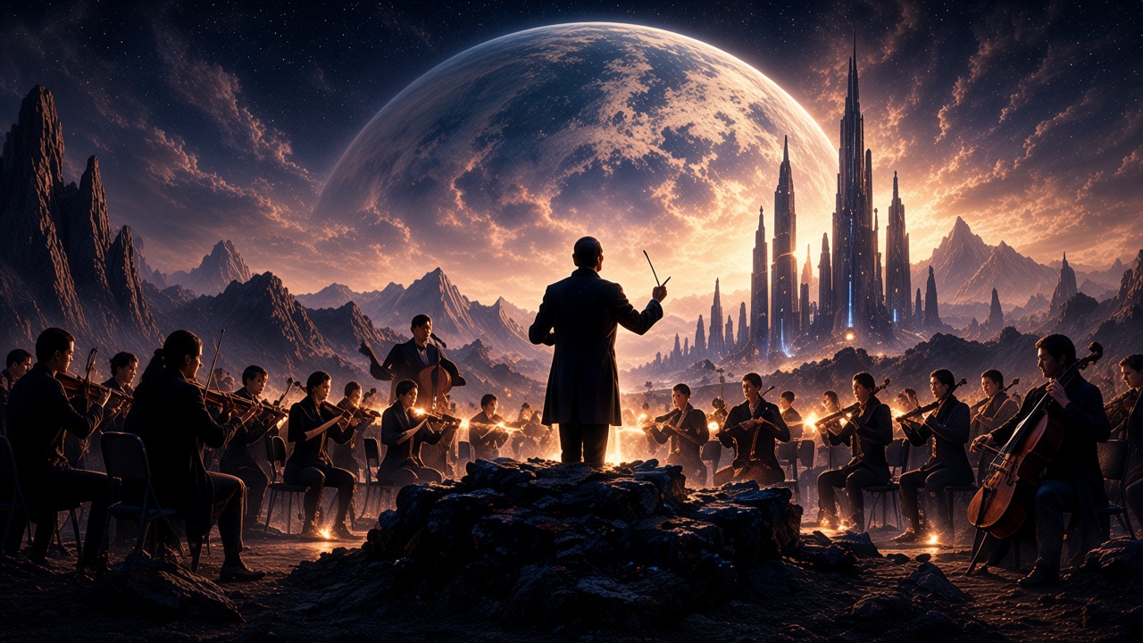 An orchestra and conductor on rocky terrain facing a glowing city beneath a massive planet.