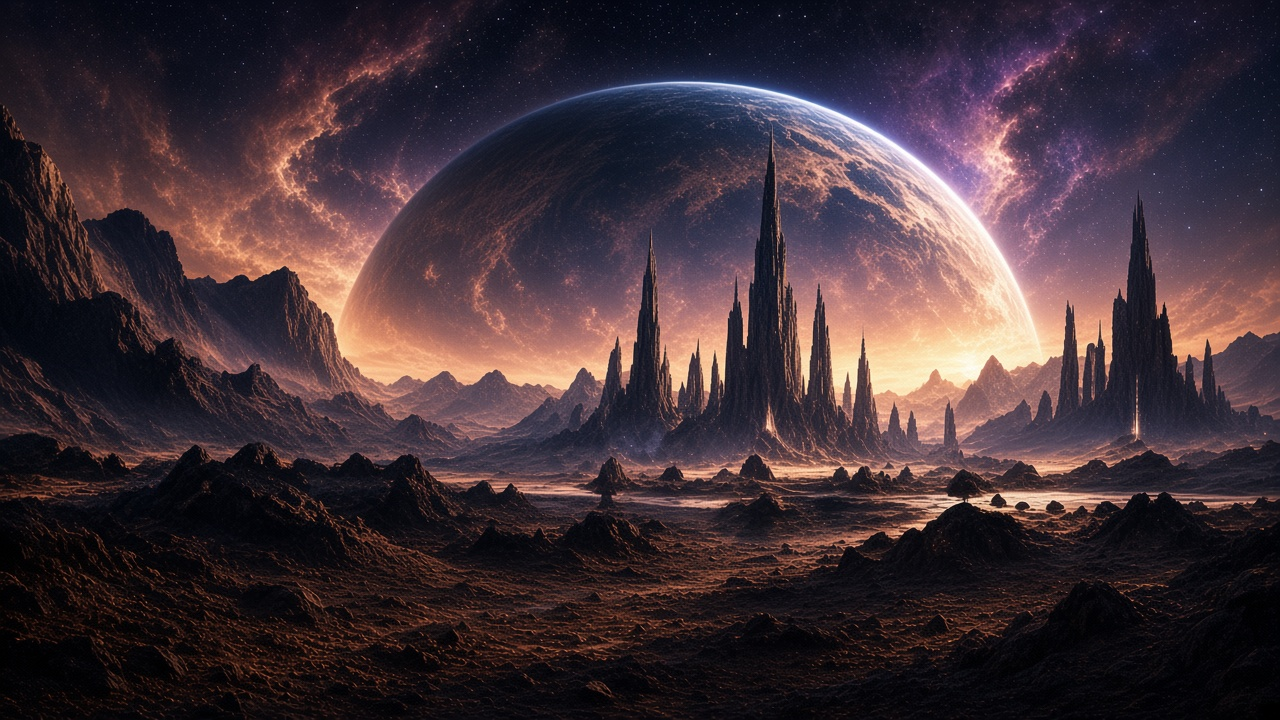 Epic city of spires beneath a giant planet in warm cinematic light.