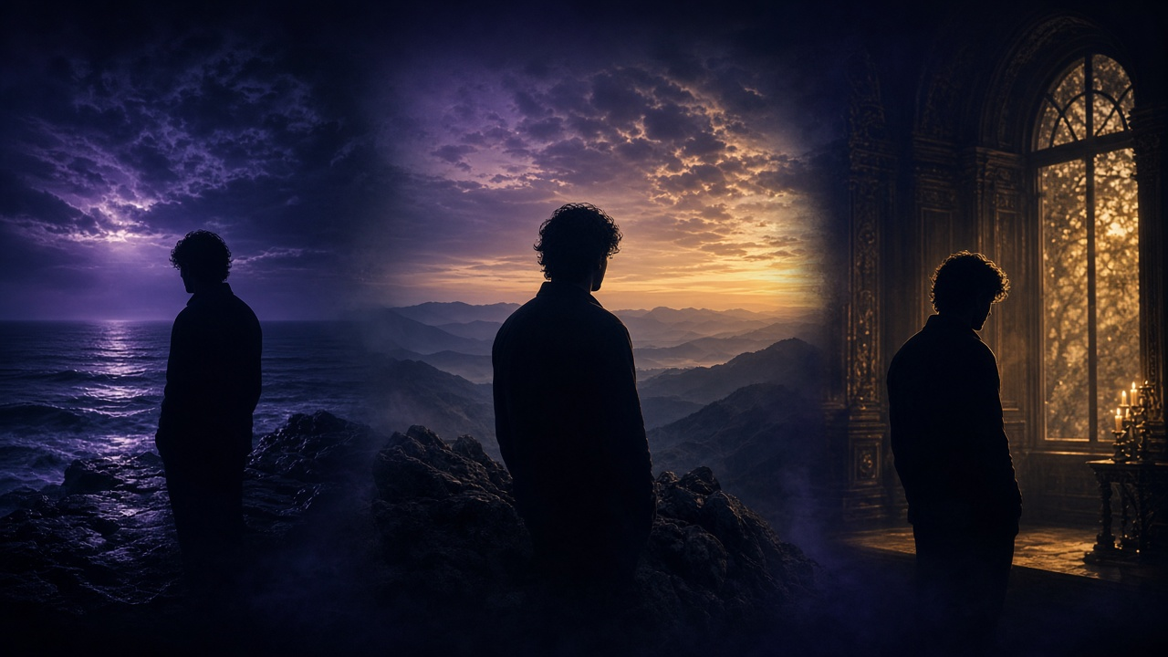 The same silhouetted figure appearing across overlapping cinematic environments.