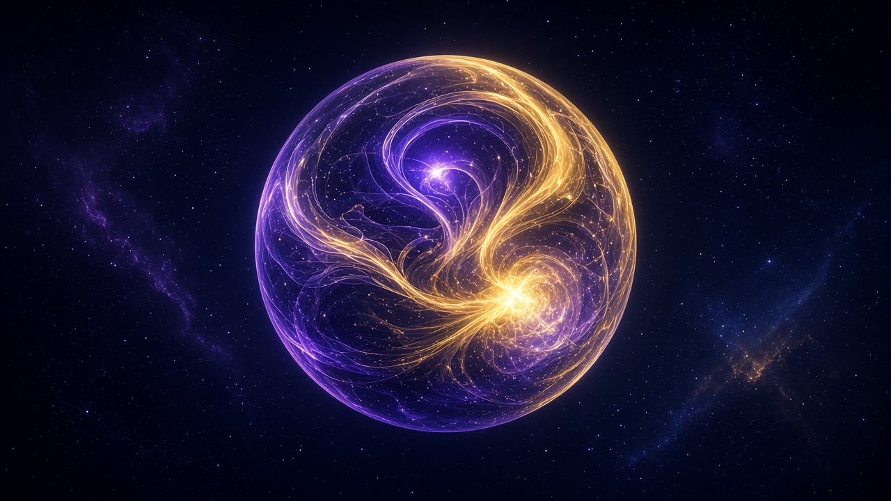 Luminous violet and gold energy sphere in a midnight starfield.