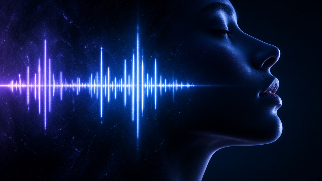 A face in profile beside a bright audio waveform.